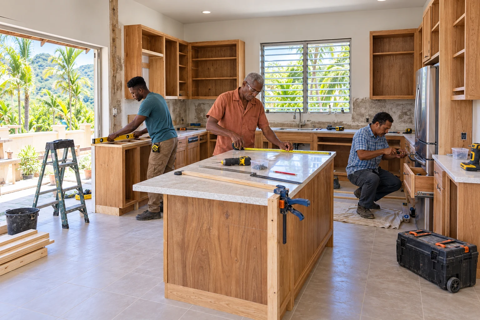 Three carpenters measure a counter, align cabinets and fit hardware in a kitchen renovation.
