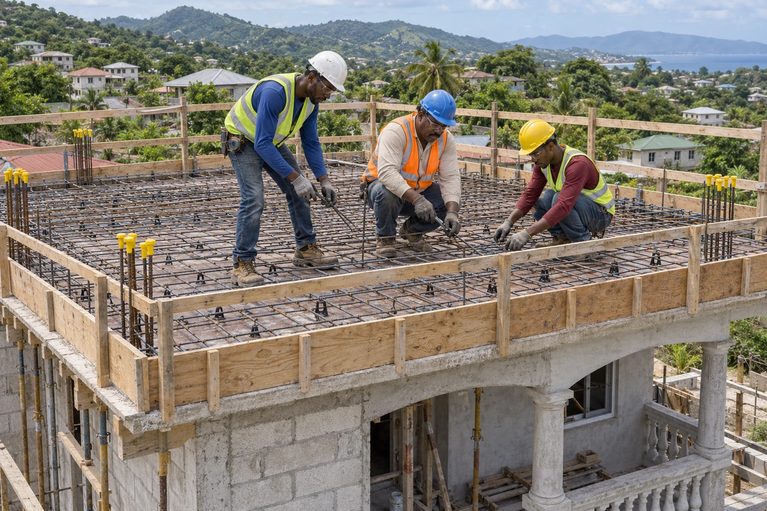 Three steel fixers wearing hard hats, gloves and safety vests position and tie a rebar grid above a house under construction.