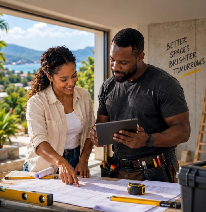 A homeowner and independent service professional review plans and a tablet together in a Jamaican renovation setting.