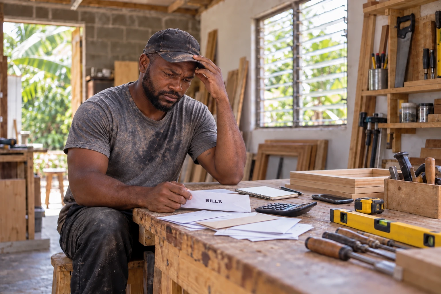 The same skilled tradesman sits worried over bills and a calculator, with his tools lying unused in his workshop