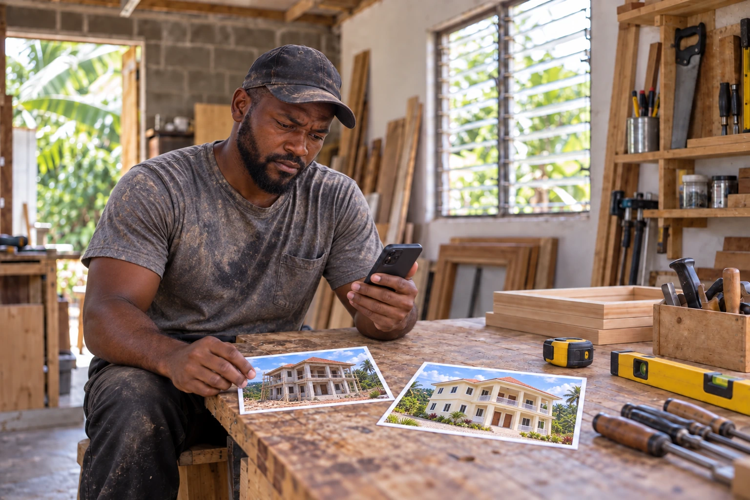 The contractor in his grey work shirt and cap reviews project photographs and his phone at his workshop
