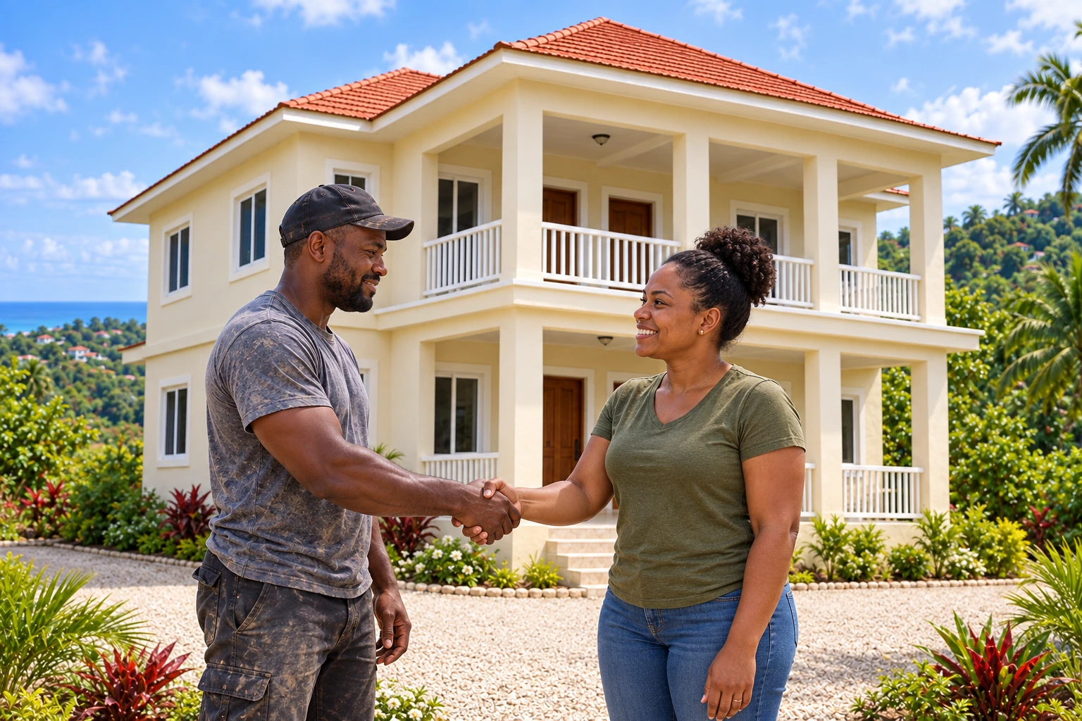 The same homeowner and independent contractor share a quiet handshake outside the completed version of the same home, an illustrative outcome rather than a customer testimonial