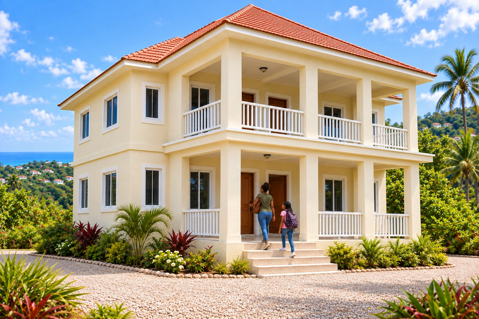The homeowner and her daughter walk towards the completed version of the same two-storey house
