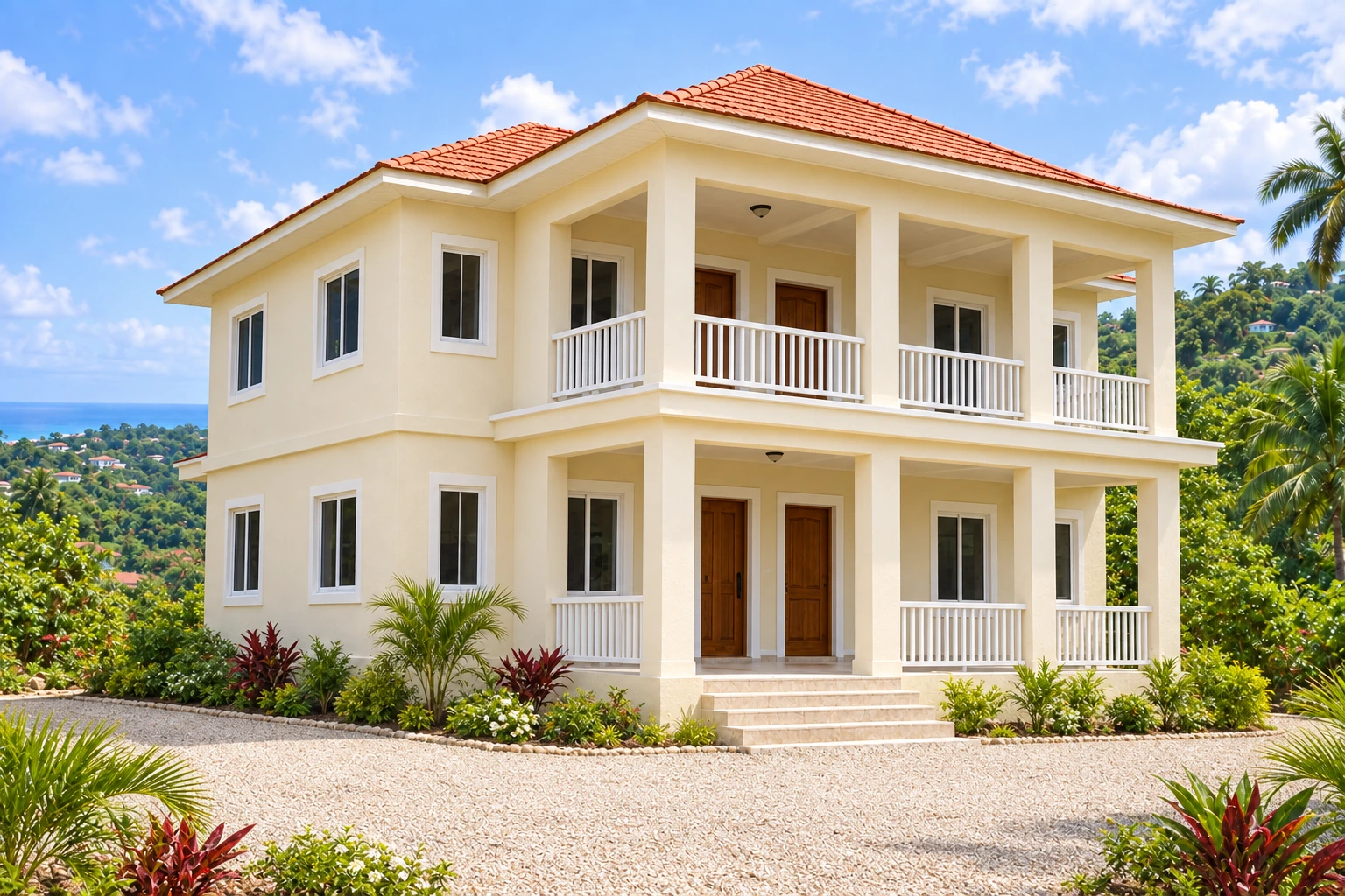 A finished Caribbean home with a shaded veranda and planted garden