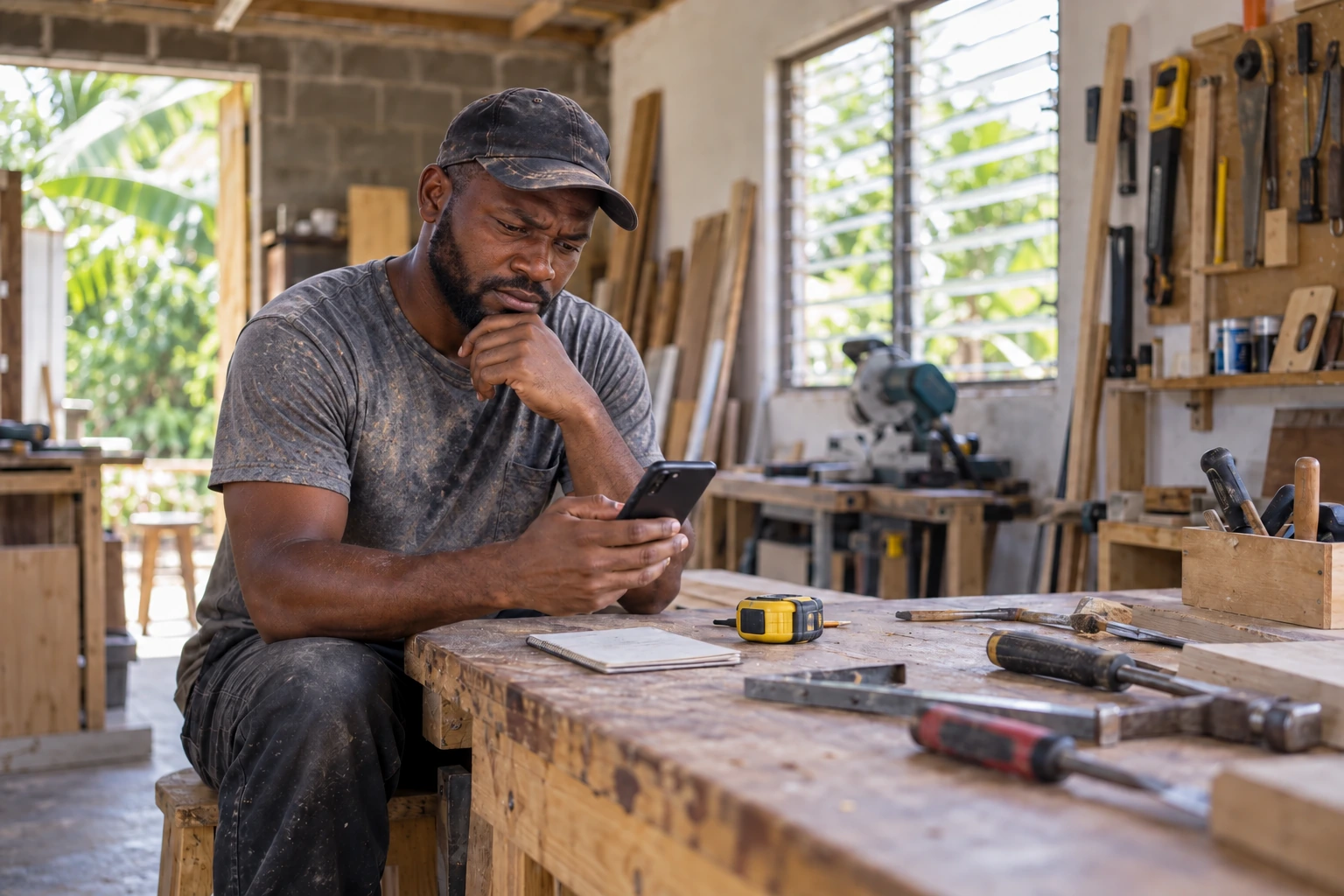 The same independent contractor considering a job on his phone in his workshop