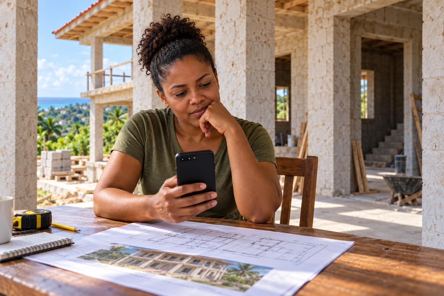 The homeowner looking at possible contractors beside her unfinished house