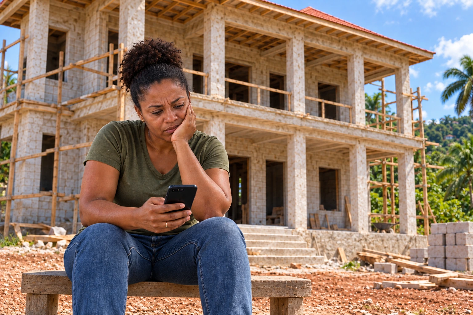 The same woman sits outside the unfinished home, quietly wiping a tear with her phone resting in her other hand