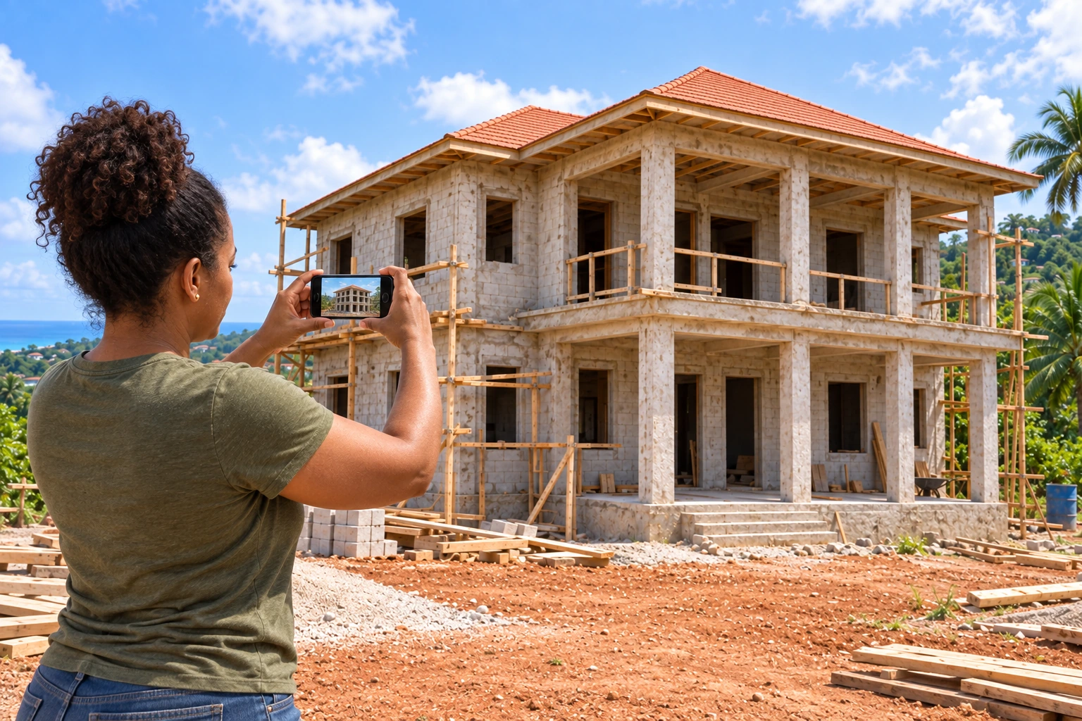 The homeowner in an olive-green shirt photographs her unfinished house to explain the work she needs