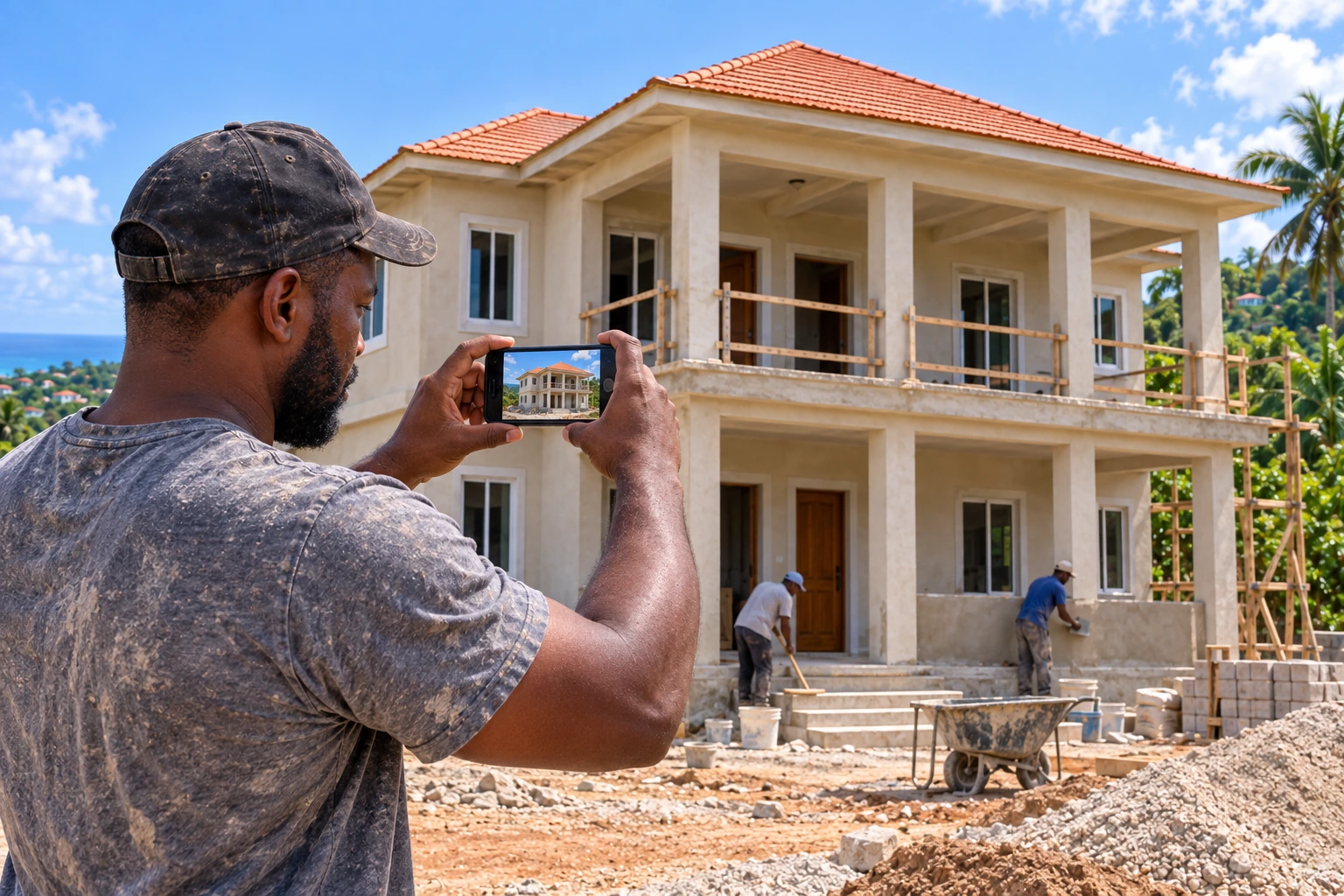 The same contractor photographs progress at the homeowner’s house, now with plastered walls and fitted windows