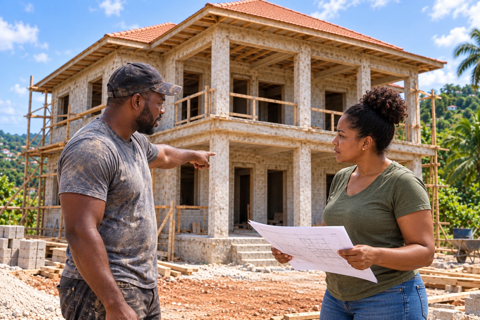 The homeowner holds the plans while the contractor in his grey work shirt and cap discusses the work at her house