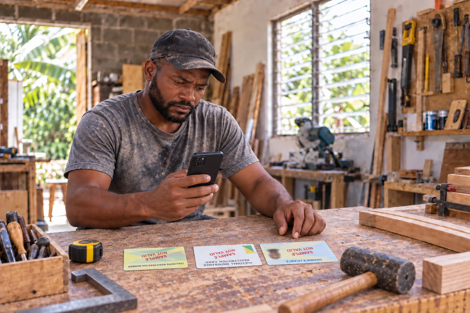 The established contractor completes verification on his phone with sample Jamaican TRN, NIS and driver's licence props lying flat, facing him; each is marked SAMPLE NOT VALID and has no personal details