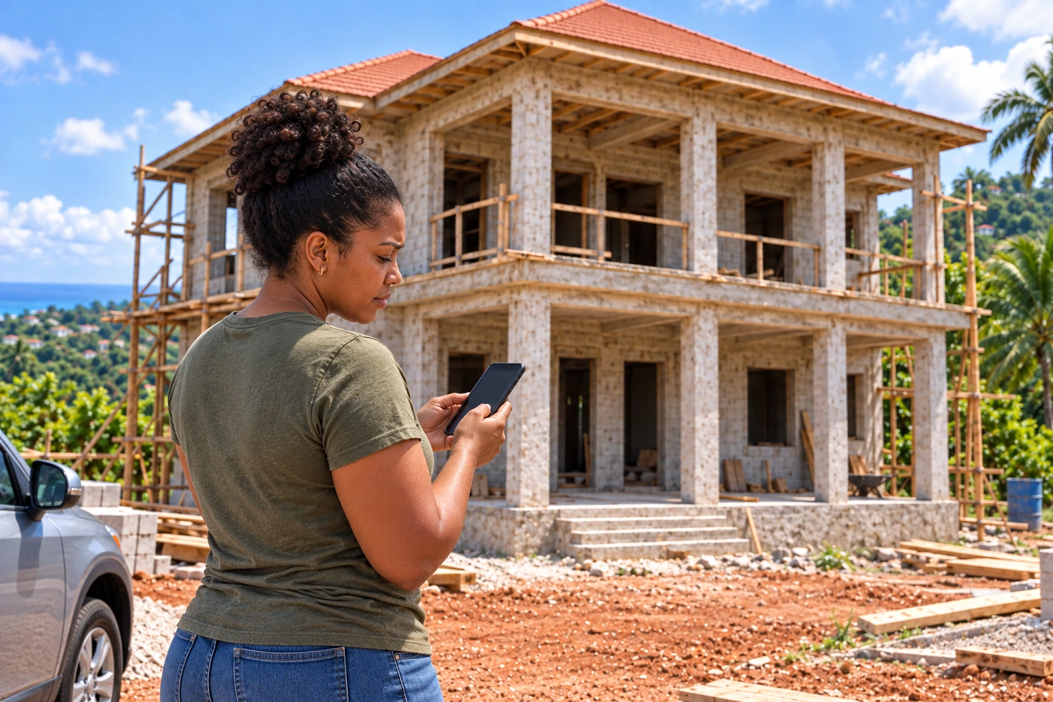 She checks a fictional map location on her phone, with the same unfinished house in front of her