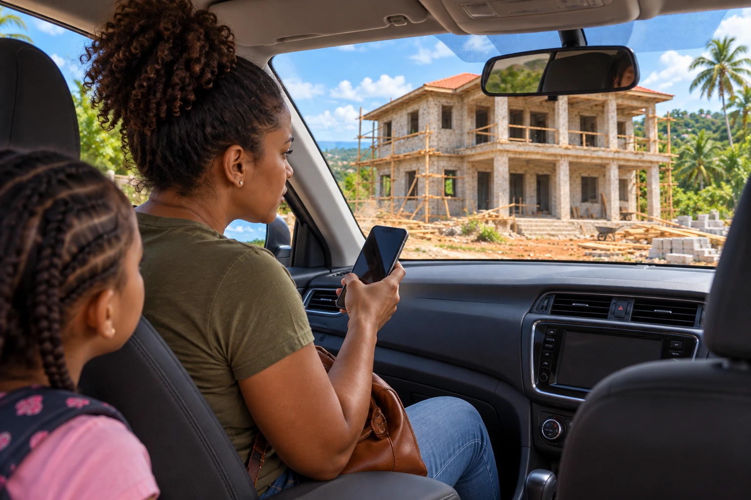 The same homeowner sits inside the parked car, checking the address and looking towards the unfinished house through the windscreen