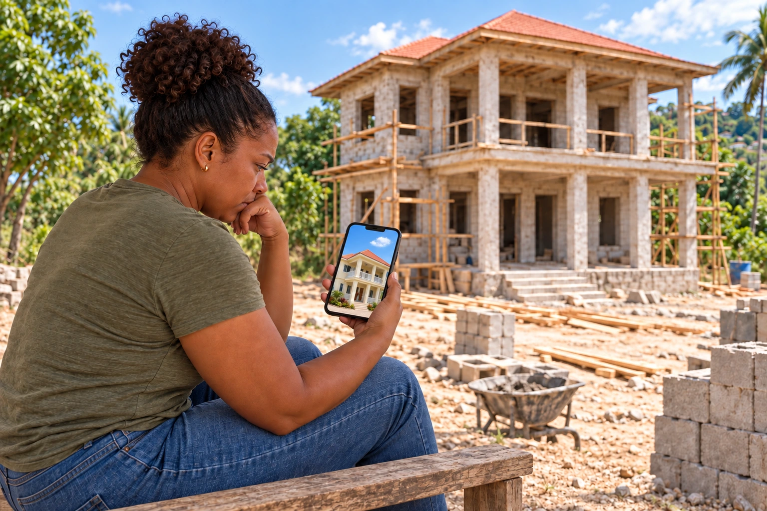 Her phone shows the completed-house photograph her father led her to expect, contrasting with the unfinished property in front of her