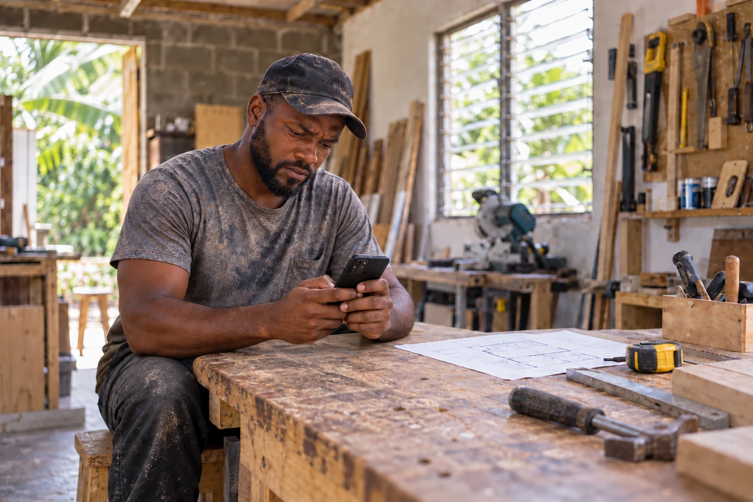 The independent contractor uses his phone in his workshop to prepare a project quote