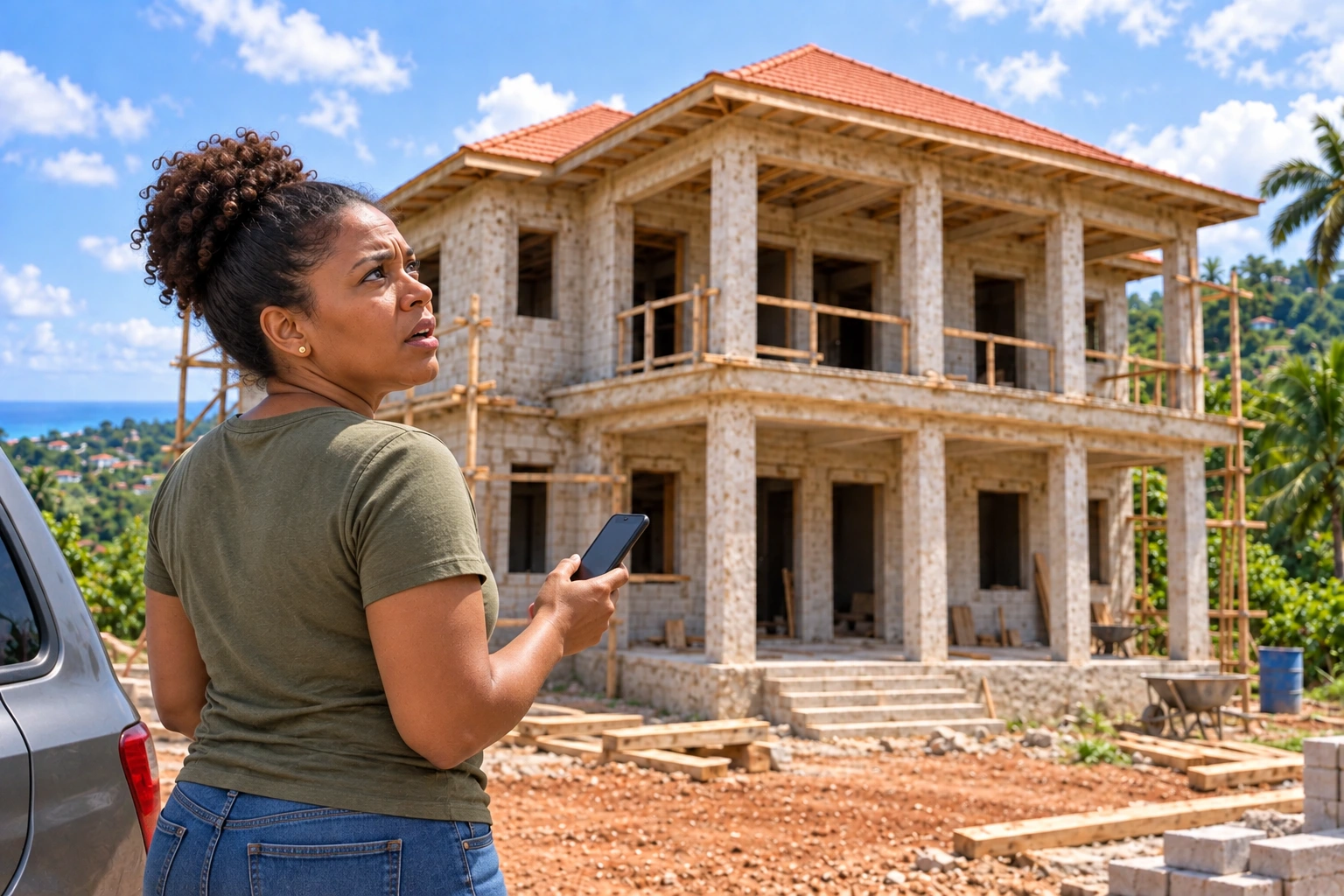 Outside the car, the homeowner faces the same unfinished house with her phone in hand, in disbelief
