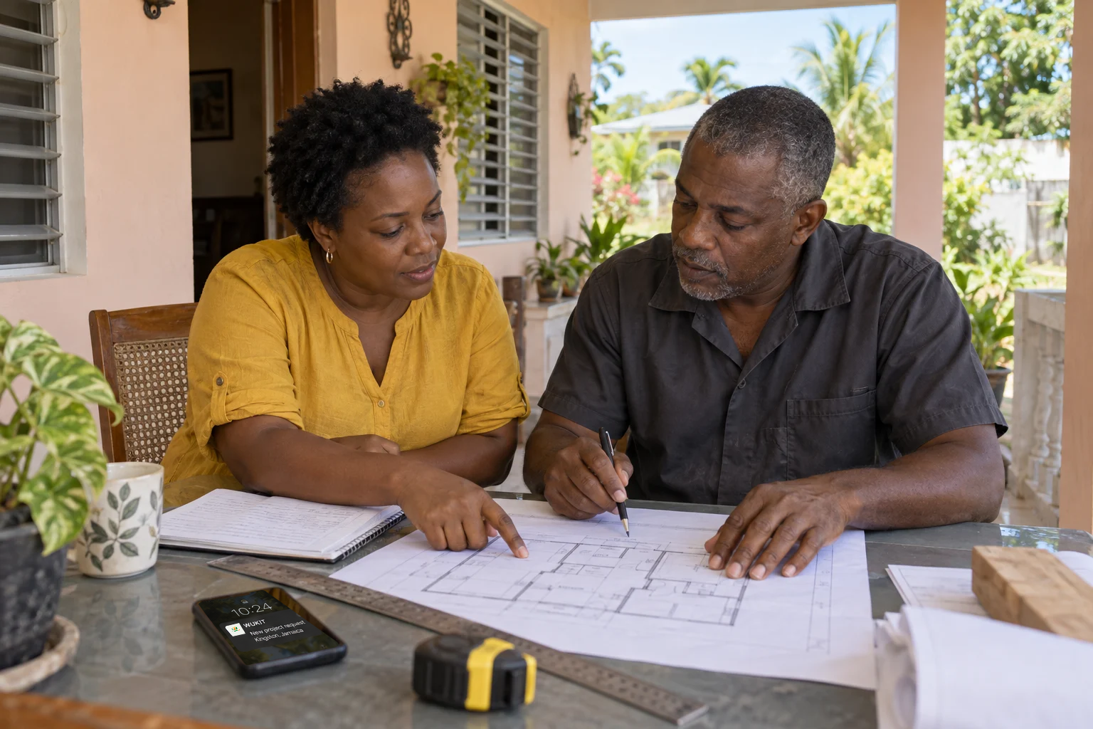 A homeowner and contractor review a floor plan and notes at a table on a shaded veranda, with a WUKIT notification on the phone beside them.