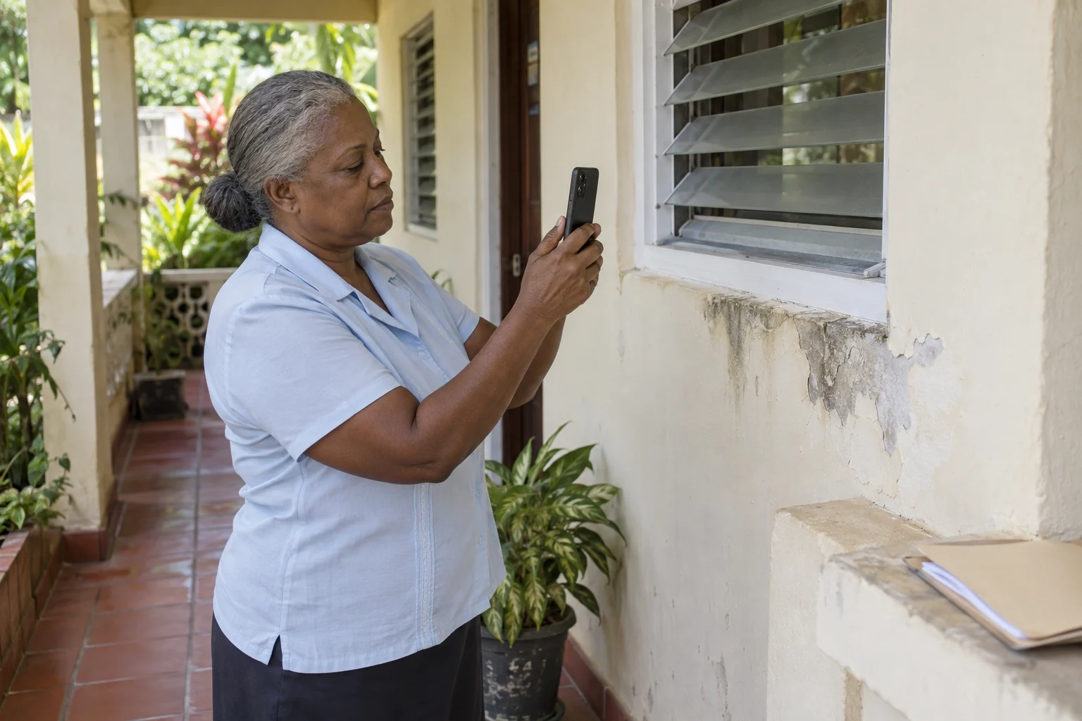 A caretaker photographs peeling paint and staining beneath a window to document a maintenance issue.