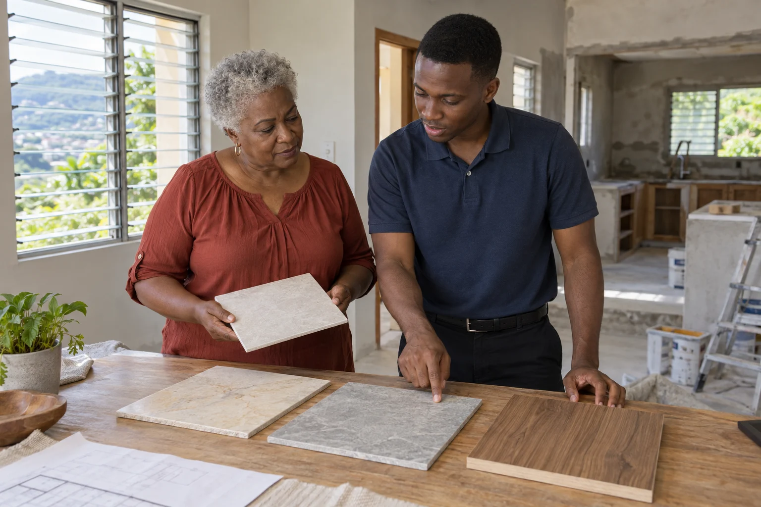 A homeowner and designer compare tile and timber samples in a home being renovated.