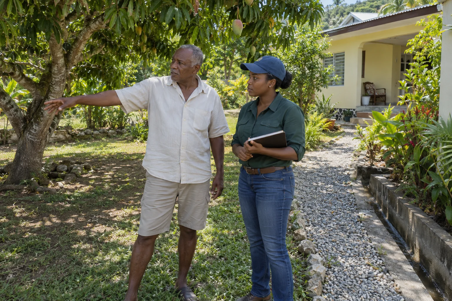 A homeowner and landscape professional discuss shade, planting and a pathway in a residential yard.