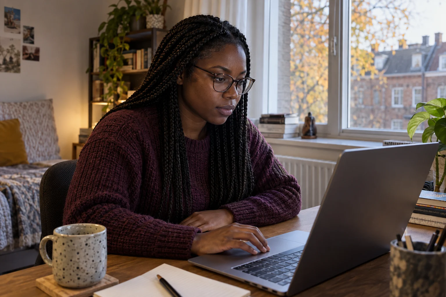 A homeowner reviews her laptop at home overseas, with autumn trees and brick buildings outside.