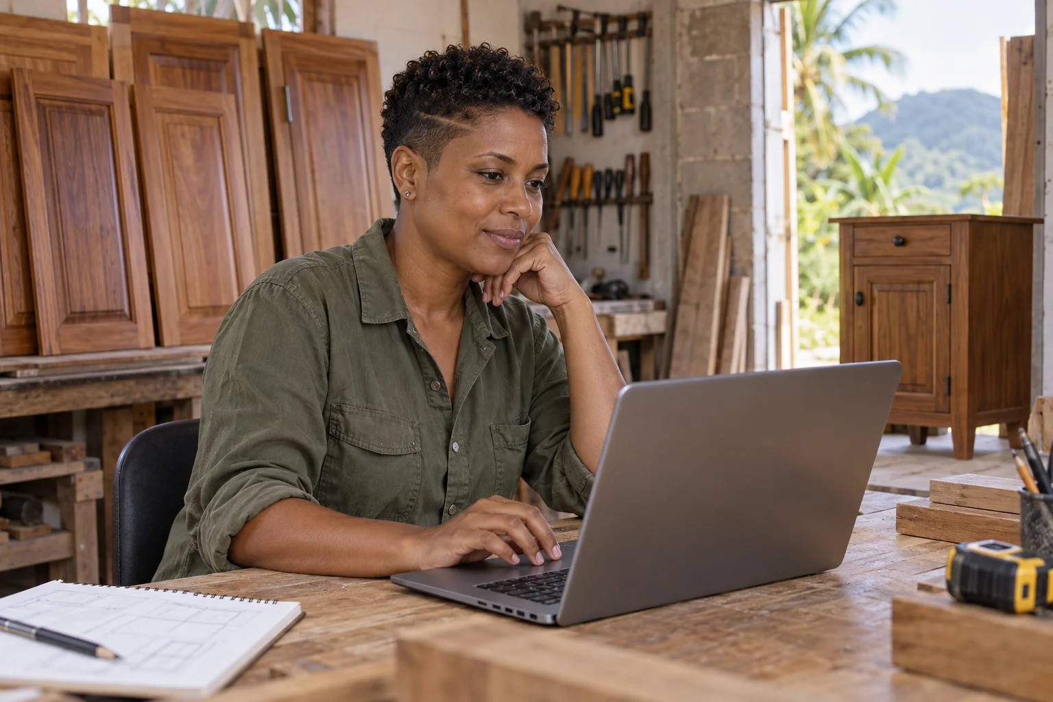 A carpentry professional reviews her laptop at a workbench with timber cabinetry behind her.