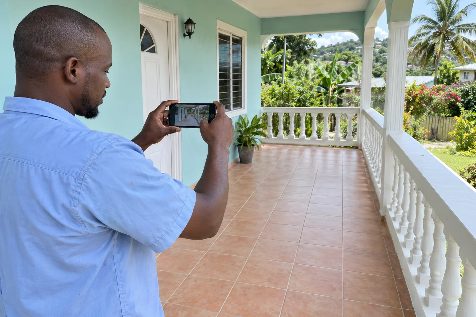 A contractor photographs newly laid veranda tiles for a progress update.