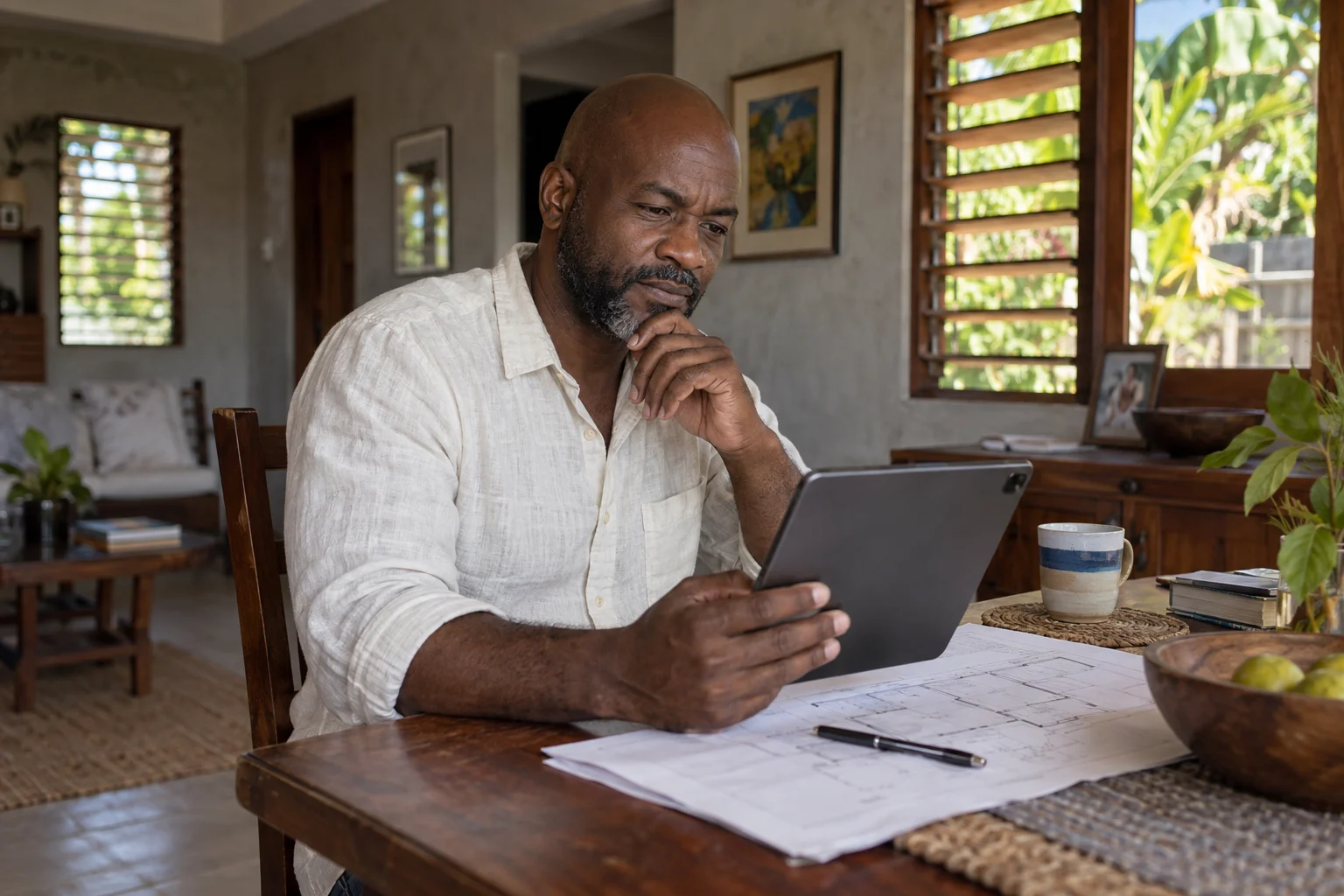 A homeowner reviews a tablet beside project notes at his dining table.