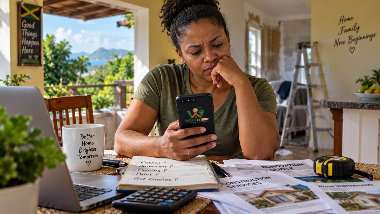 A Jamaican homeowner at home, thoughtfully reviewing renovation quotes and contacts on her phone.