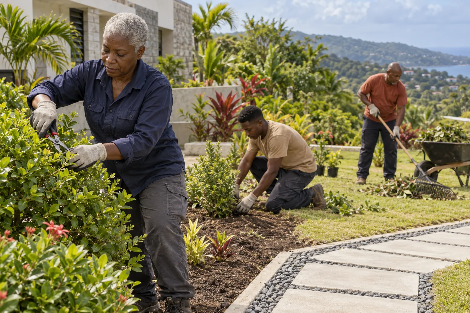 A landscaping crew prunes shrubs, plants a garden bed and clears cuttings around a Caribbean-style property