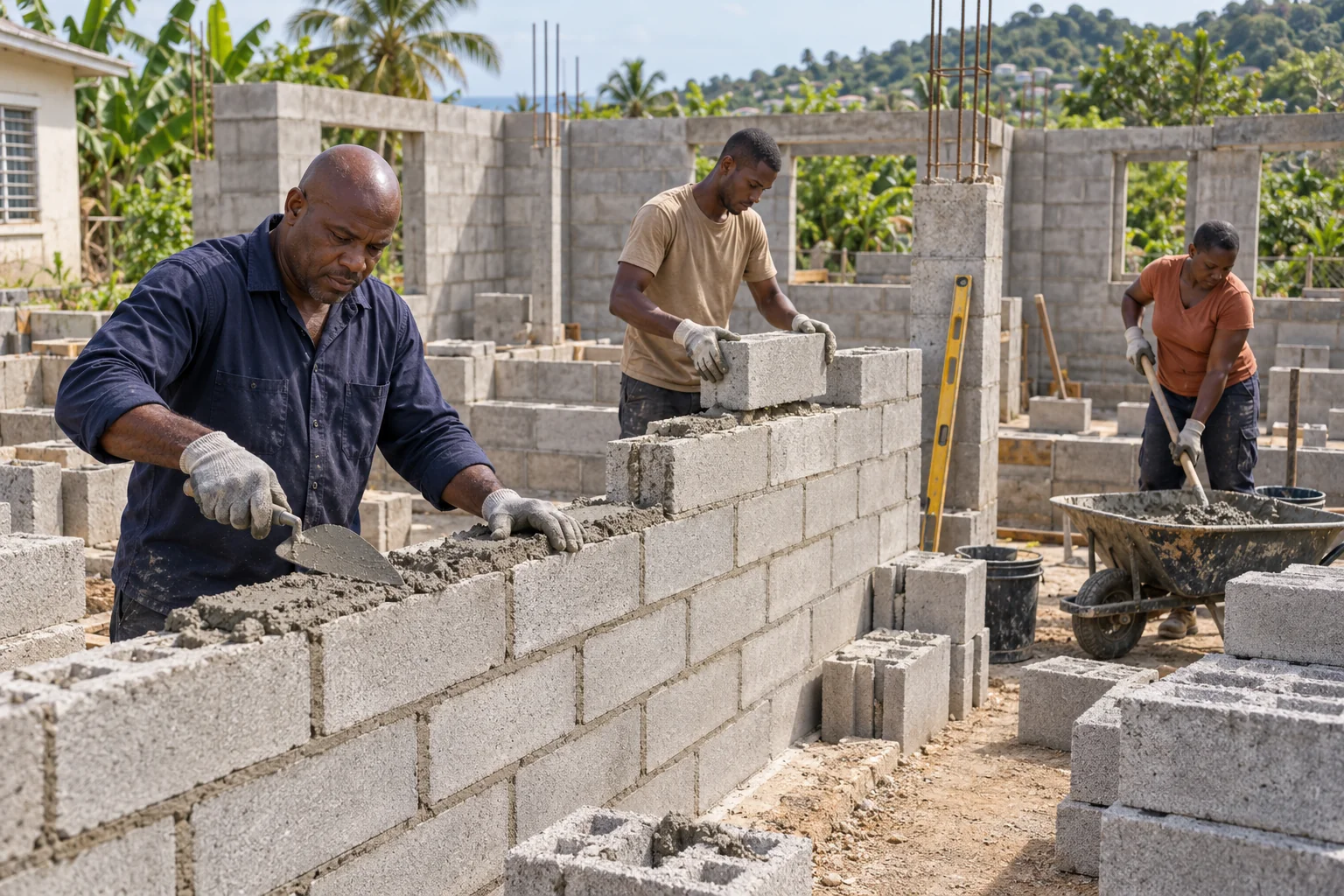 Three construction crew members lay concrete blocks and prepare mortar for a house extension