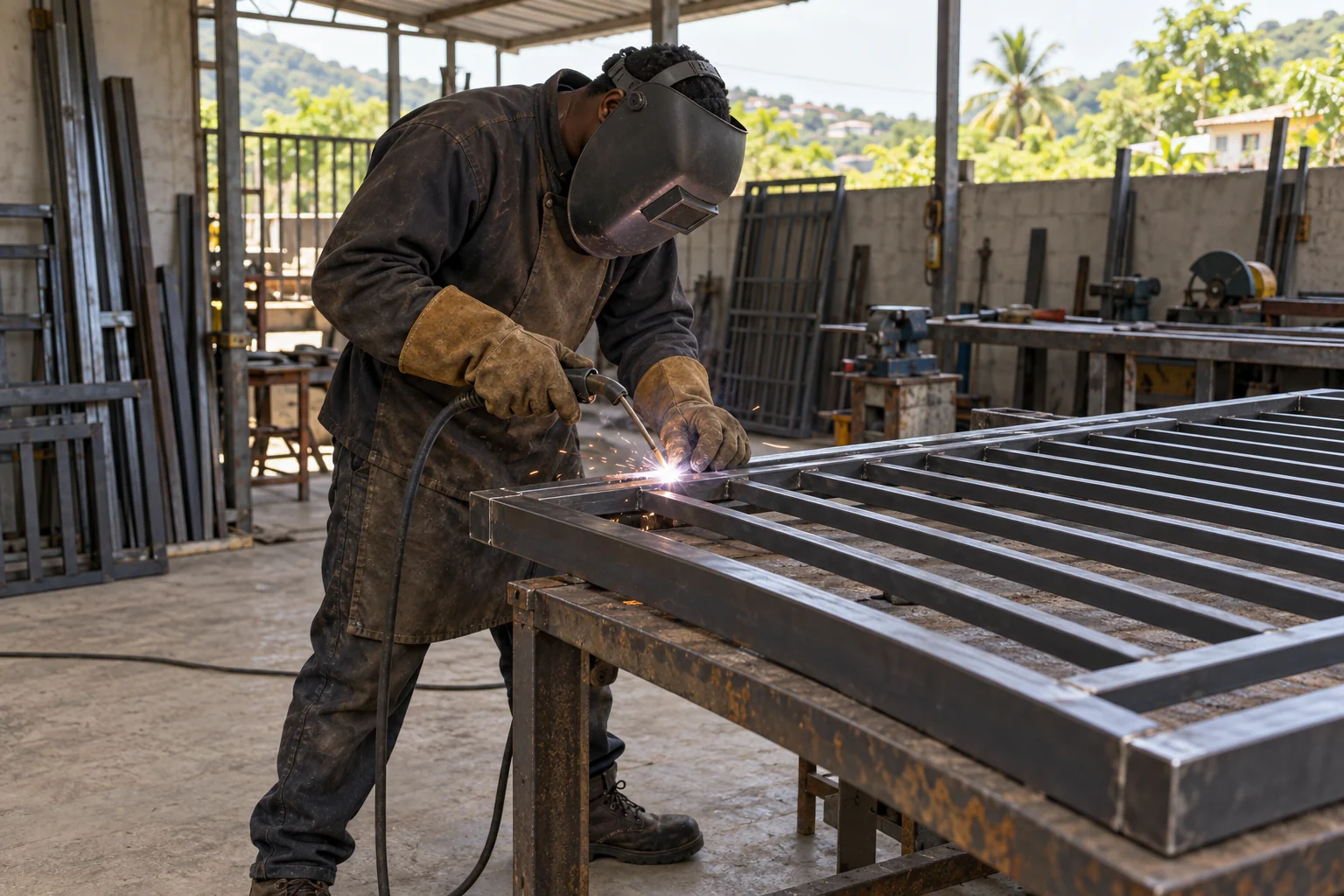 A metalworker wearing a lowered welding helmet and protective gloves welds a steel gate frame secured on a workshop bench