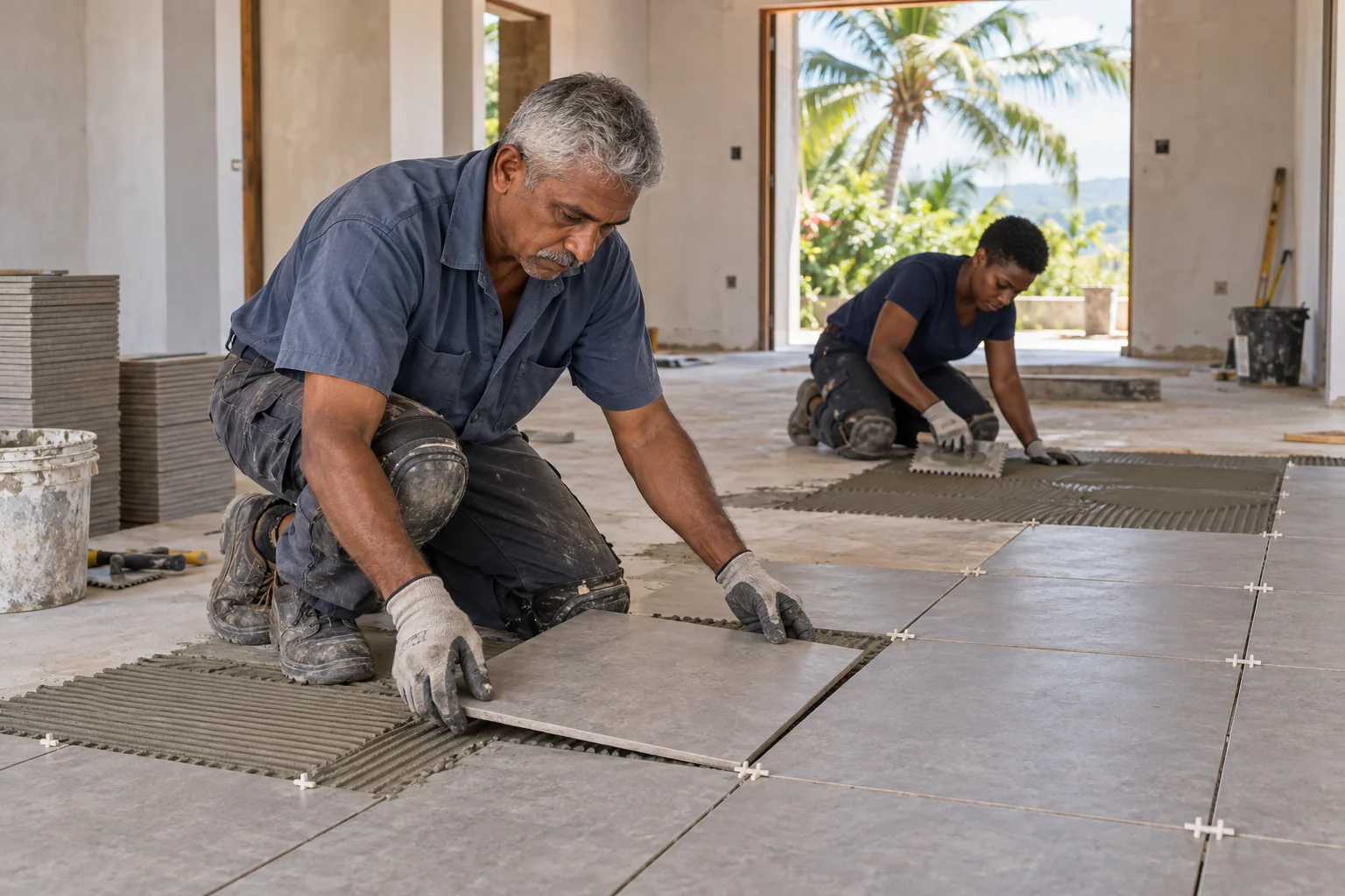 A two-person tiling crew works across a room, with one setting floor tiles and another spreading adhesive